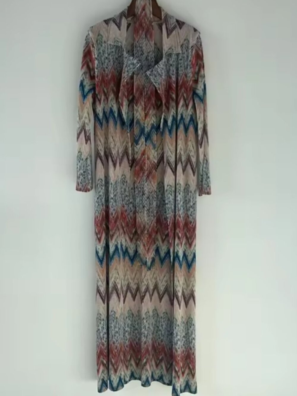 Multi-Color Boho Chevron Pleated Trench Duster Jacket with Belt - One Size - Picture 15 of 15